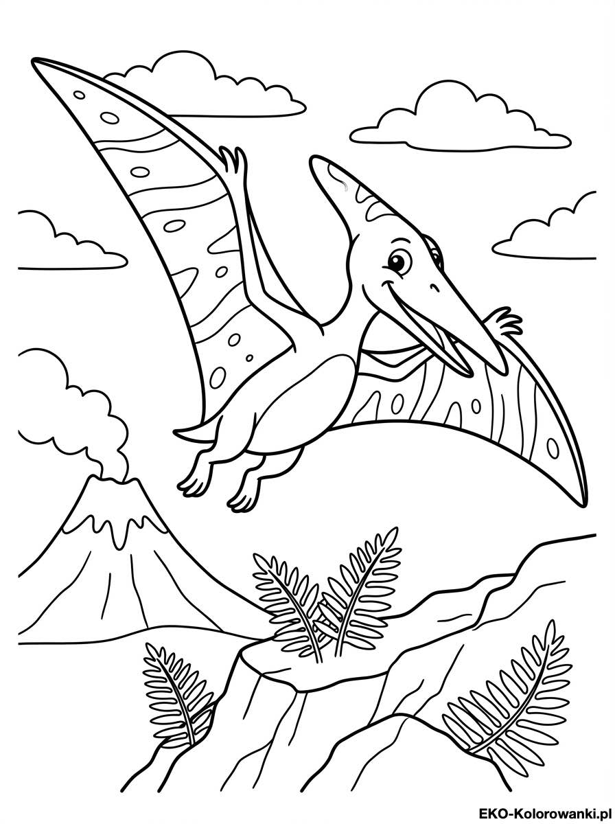 Kolorowanka - Pterodaktyl z plamistymi skrzydlami nad skalami