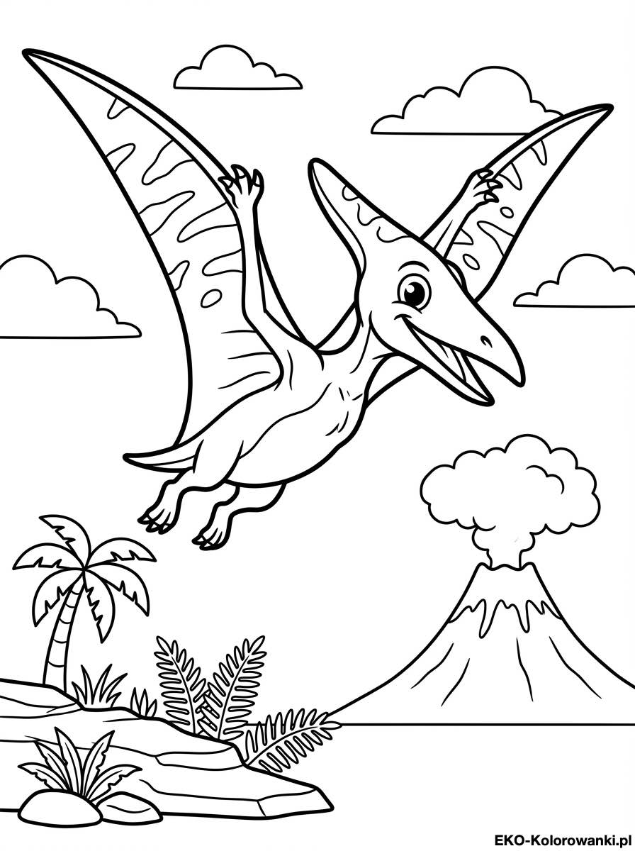 Kolorowanka - Pterodaktyl z rozpostartymi skrzydlami nad palma