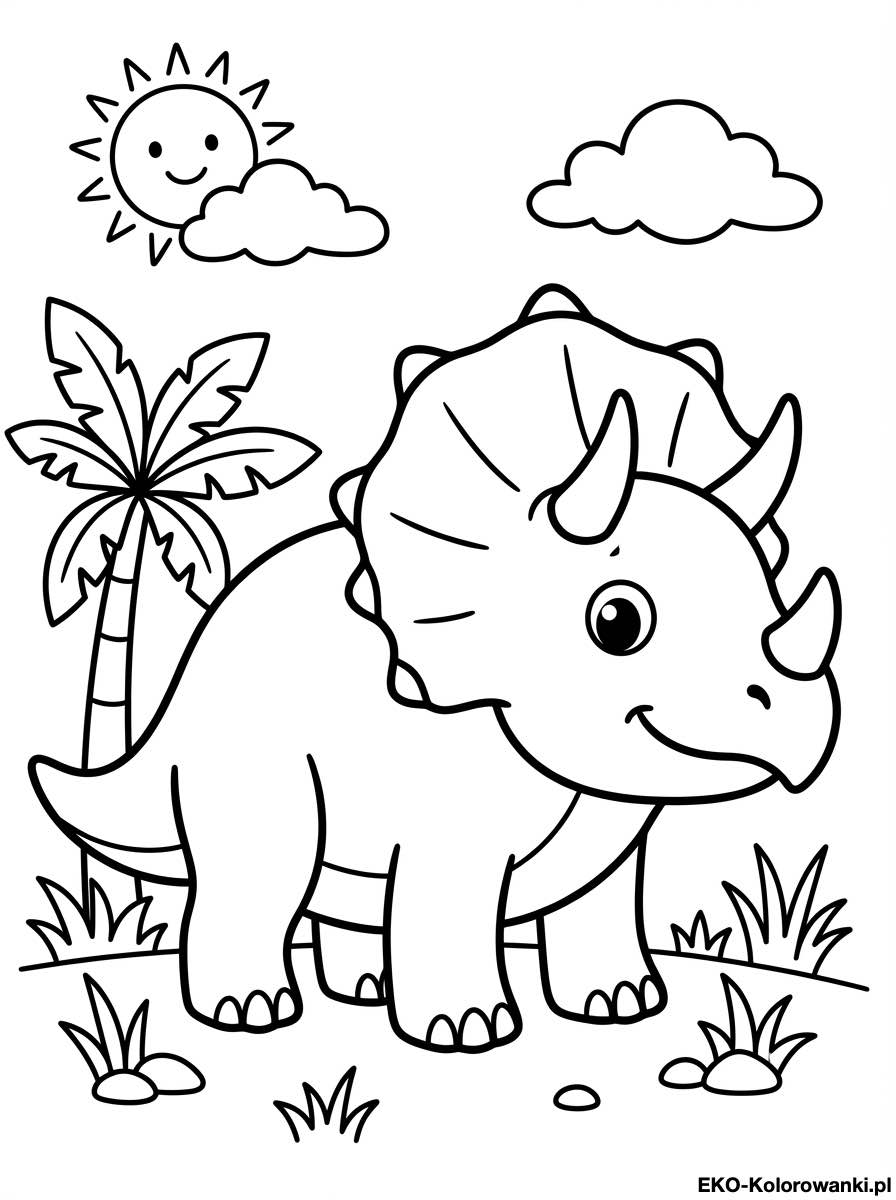 Kolorowanka - Triceratops i usmiechniete slonce przy palmie