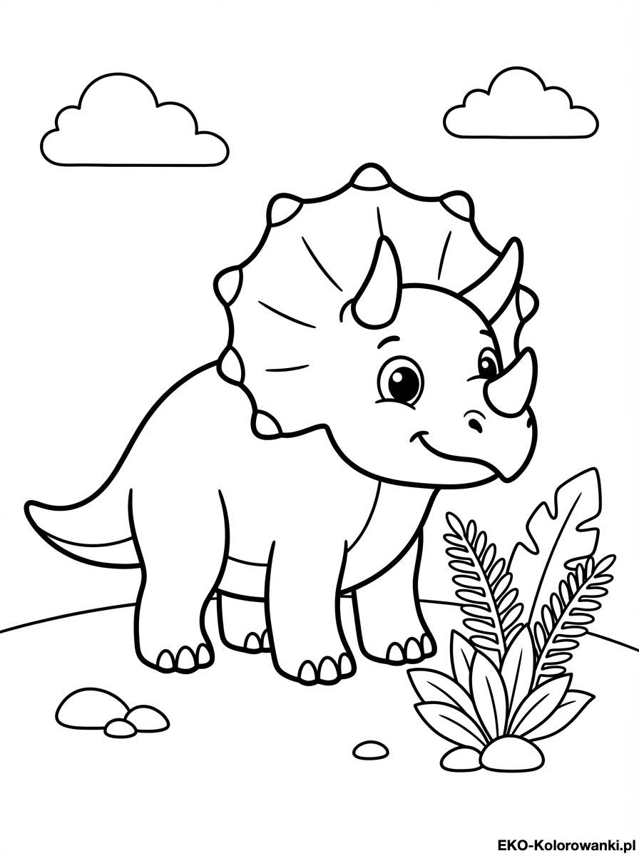 Kolorowanka - Triceratops na polanie z wysoka paprocia