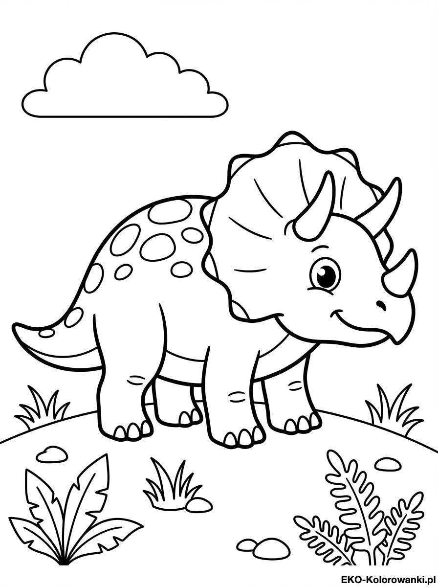 Kolorowanka - Triceratops na skalistym pagorku z paprotkami