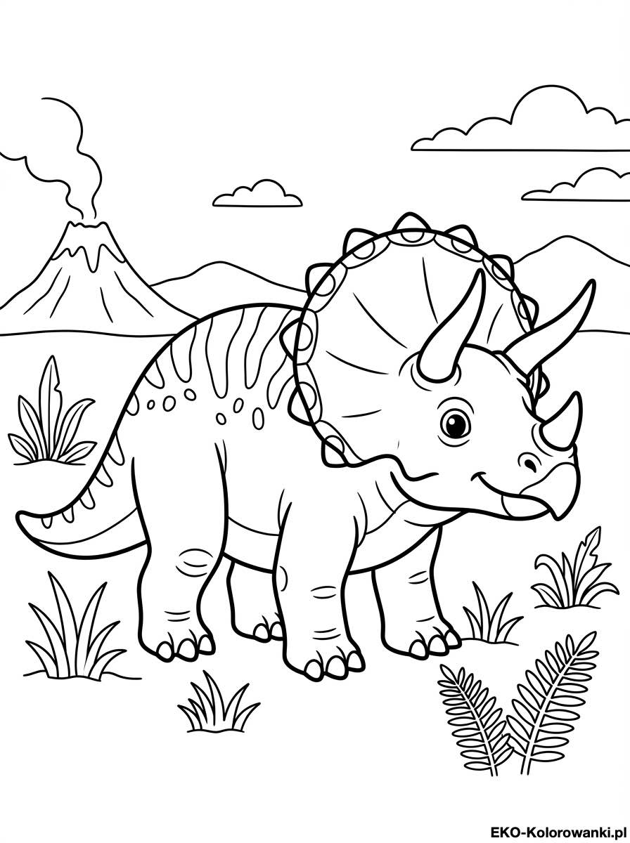 Kolorowanka - Triceratops na tle wulkanicznej doliny