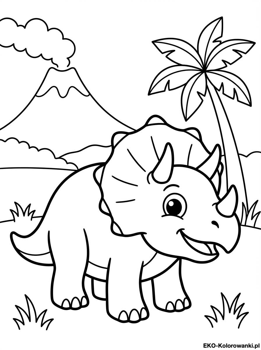 Kolorowanka - Triceratops na tle wulkanu i palmy
