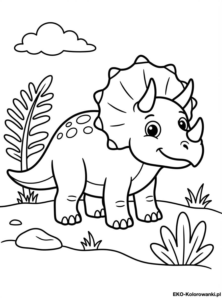 Kolorowanka - Triceratops obok paproci pod chmura