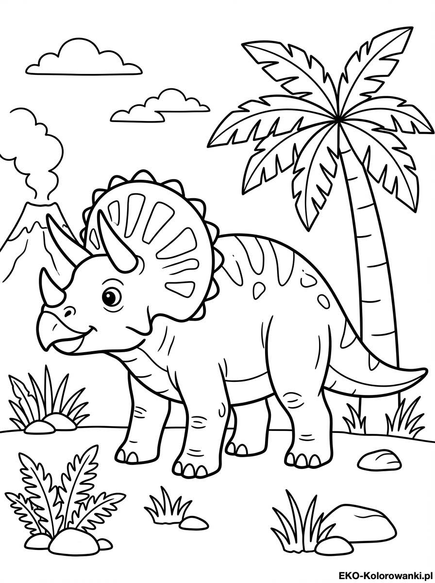 Kolorowanka - Triceratops odwrocony w strone wulkanu