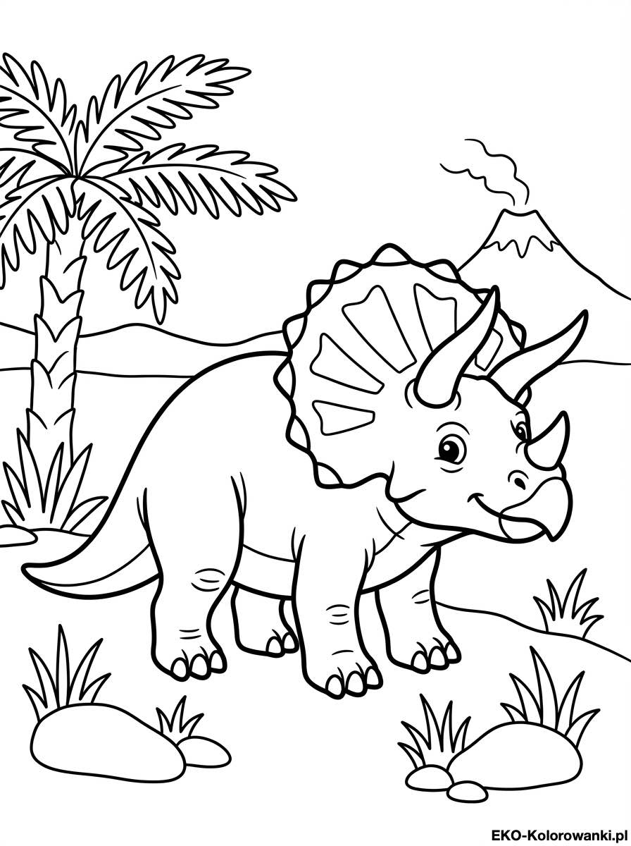 Kolorowanka - Triceratops pod palma z wulkanem w tle