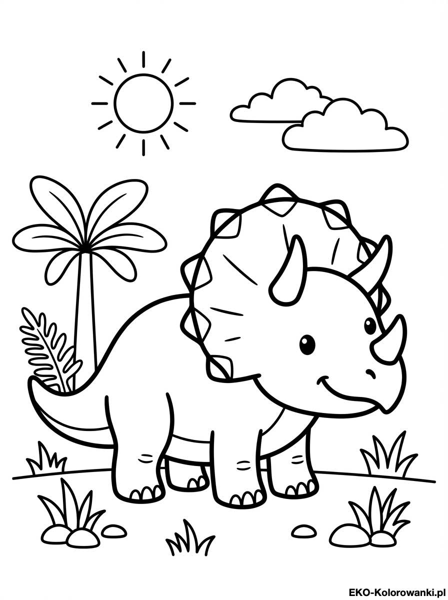 Kolorowanka - Triceratops pod sloncem obok palmy
