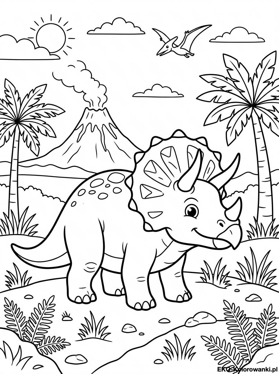 Kolorowanka - Triceratops pod sloncem przy wulkanie