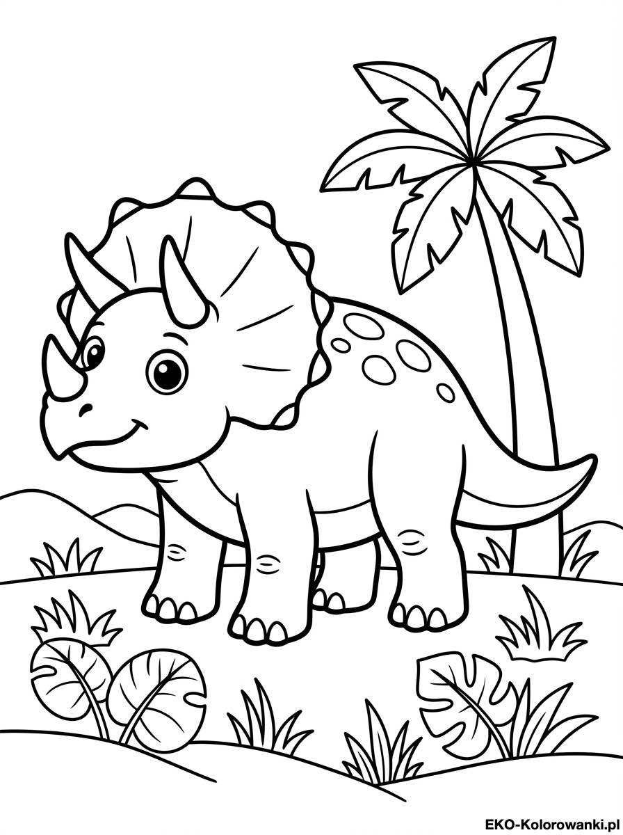 Kolorowanka - Triceratops przy palmie i skalach