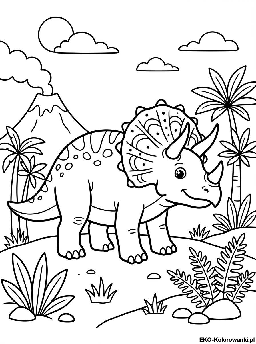 Kolorowanka - Triceratops w krainie palm i wulkanow