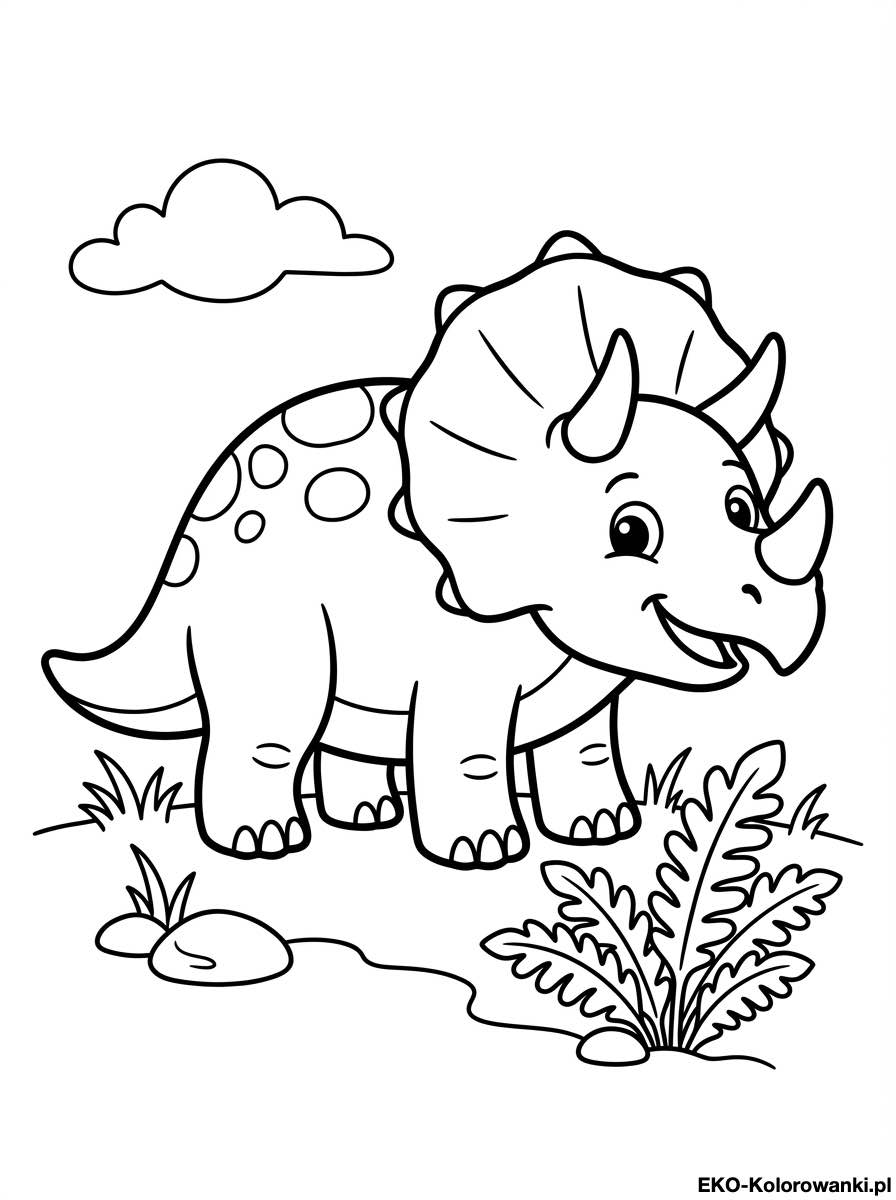 Kolorowanka - Triceratops w plamki obok paproci