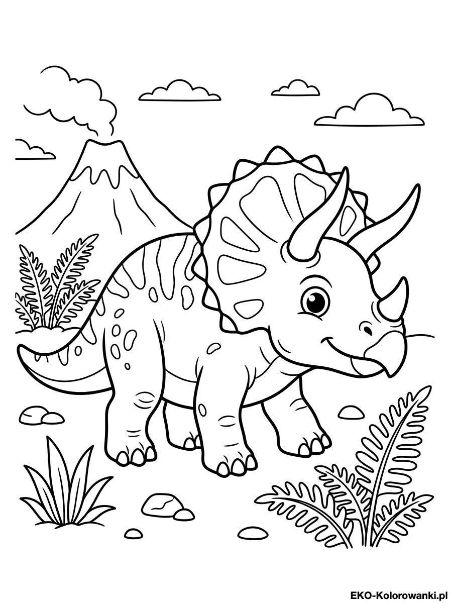 Kolorowanka - Triceratops wsrod paproci i wulkanow