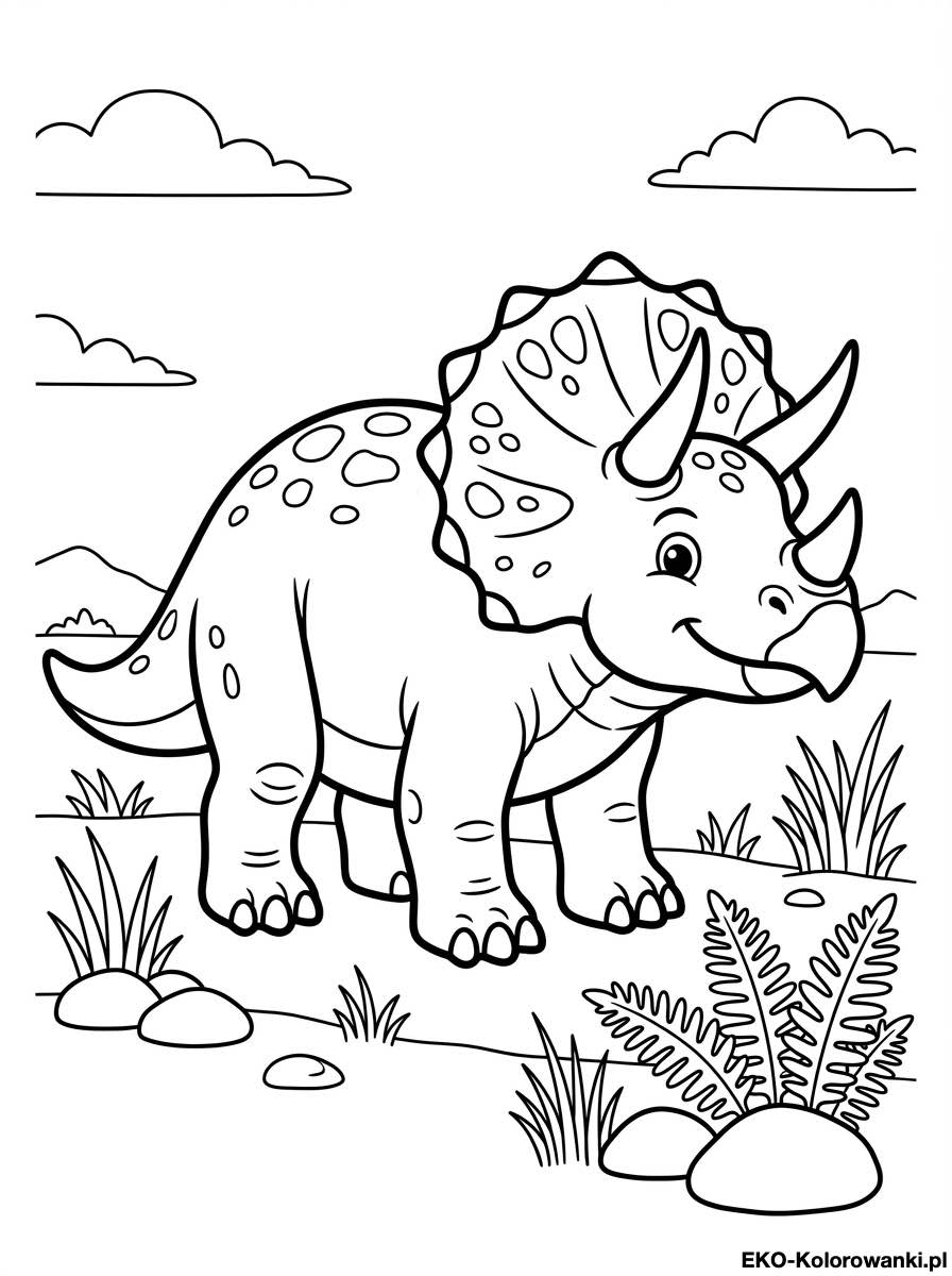 Kolorowanka - Triceratops z cetkowana kryza na polanie