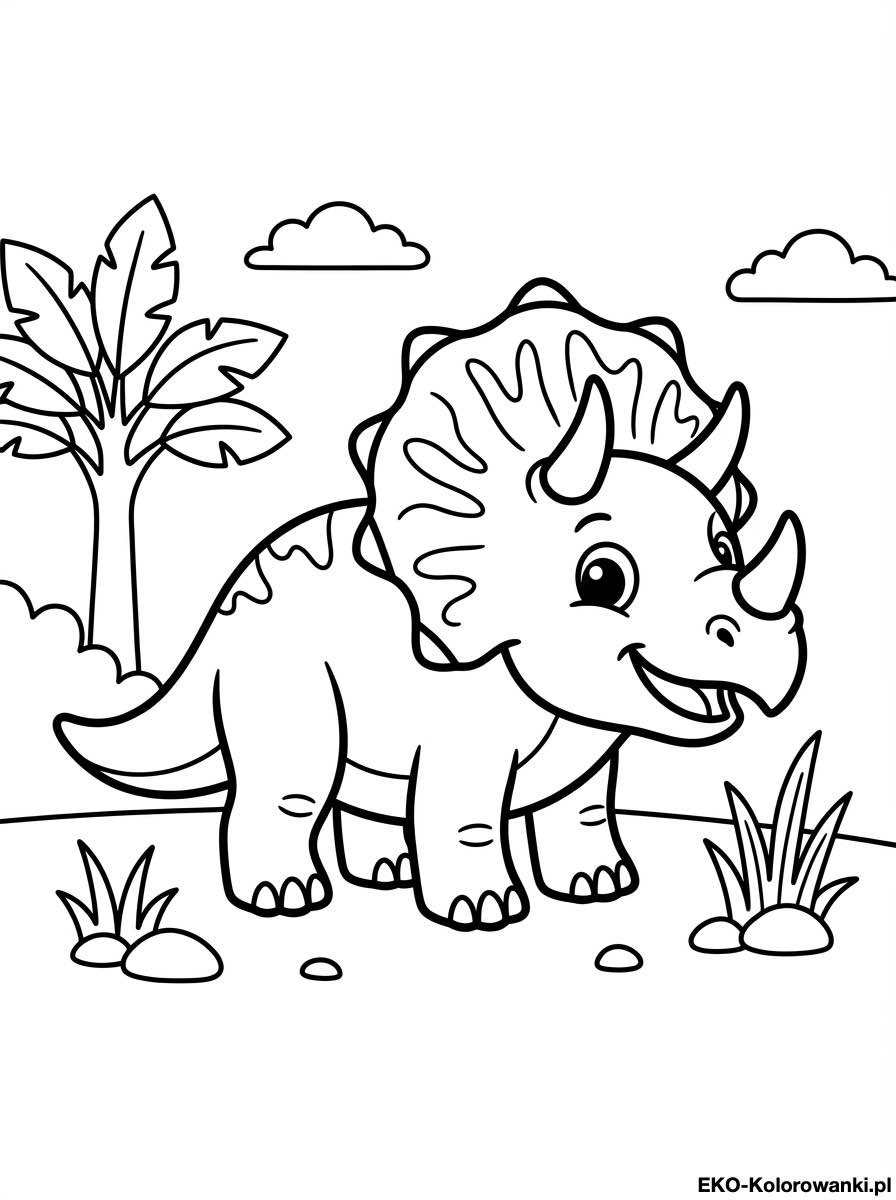 Kolorowanka - Triceratops z kryza obok tropikalnych lisci