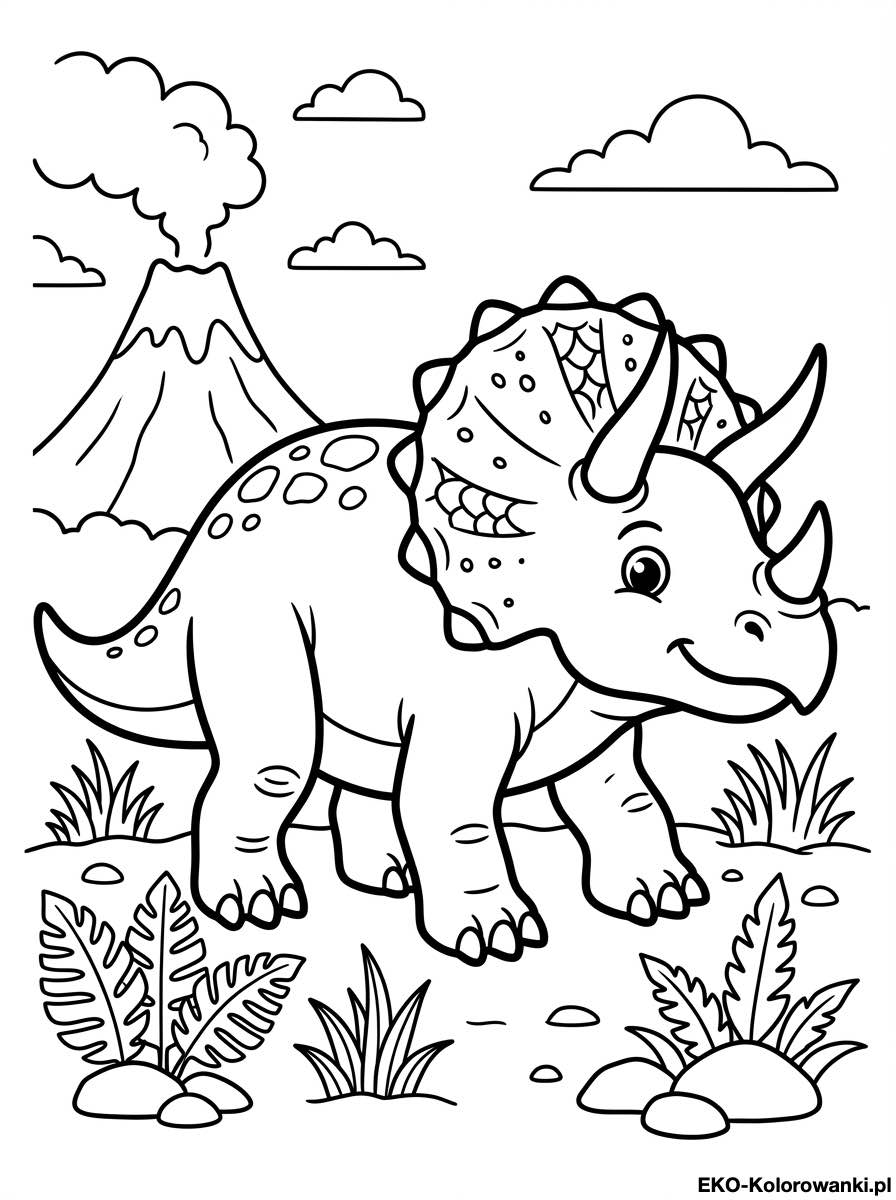 Kolorowanka - Triceratops z luskowata kryza przy wulkanie
