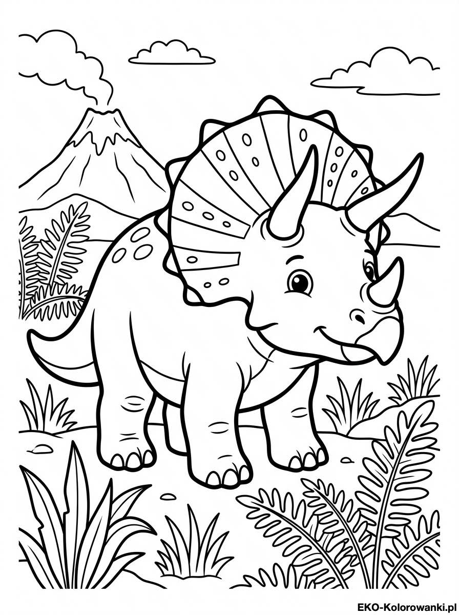 Kolorowanka - Triceratops z ozdobna kryza przy wulkanie