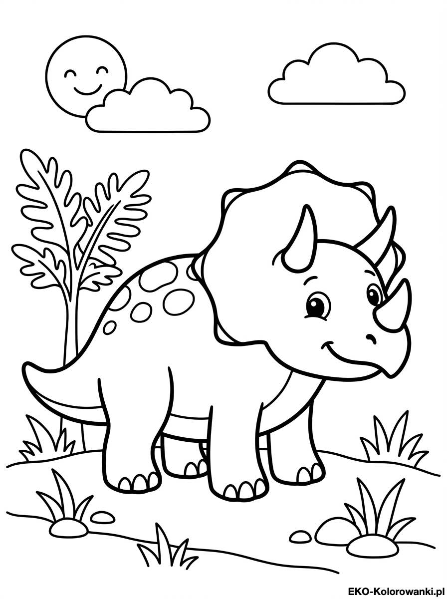 Kolorowanka - Triceratops z plamkami pod usmiechnietym sloncem