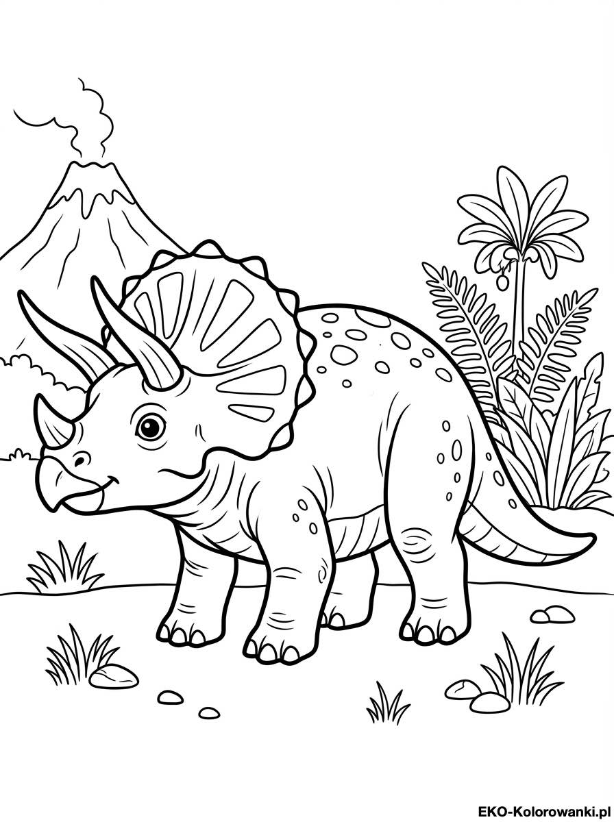 Kolorowanka - Triceratops z rozlozysta kryza przed palmami