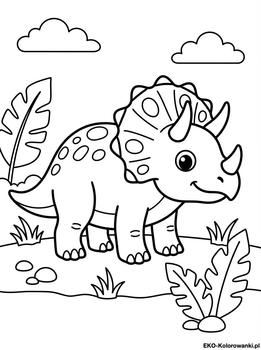 Kolorowanka - Triceratops z wzorzysta kryza wsrod lisci