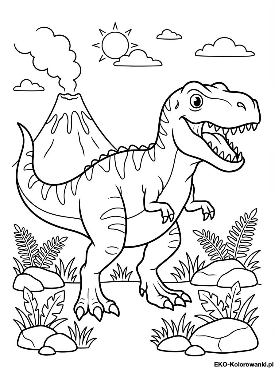 Kolorowanka - Tyranozaur na skalistej polanie pod sloncem