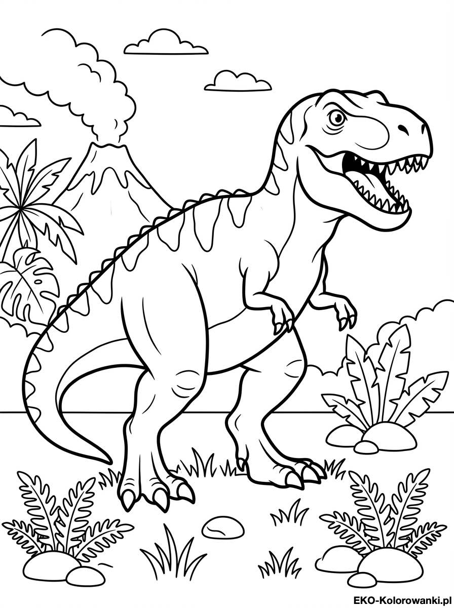 Kolorowanka - Tyranozaur na tle wulkanu i wysokich lisci