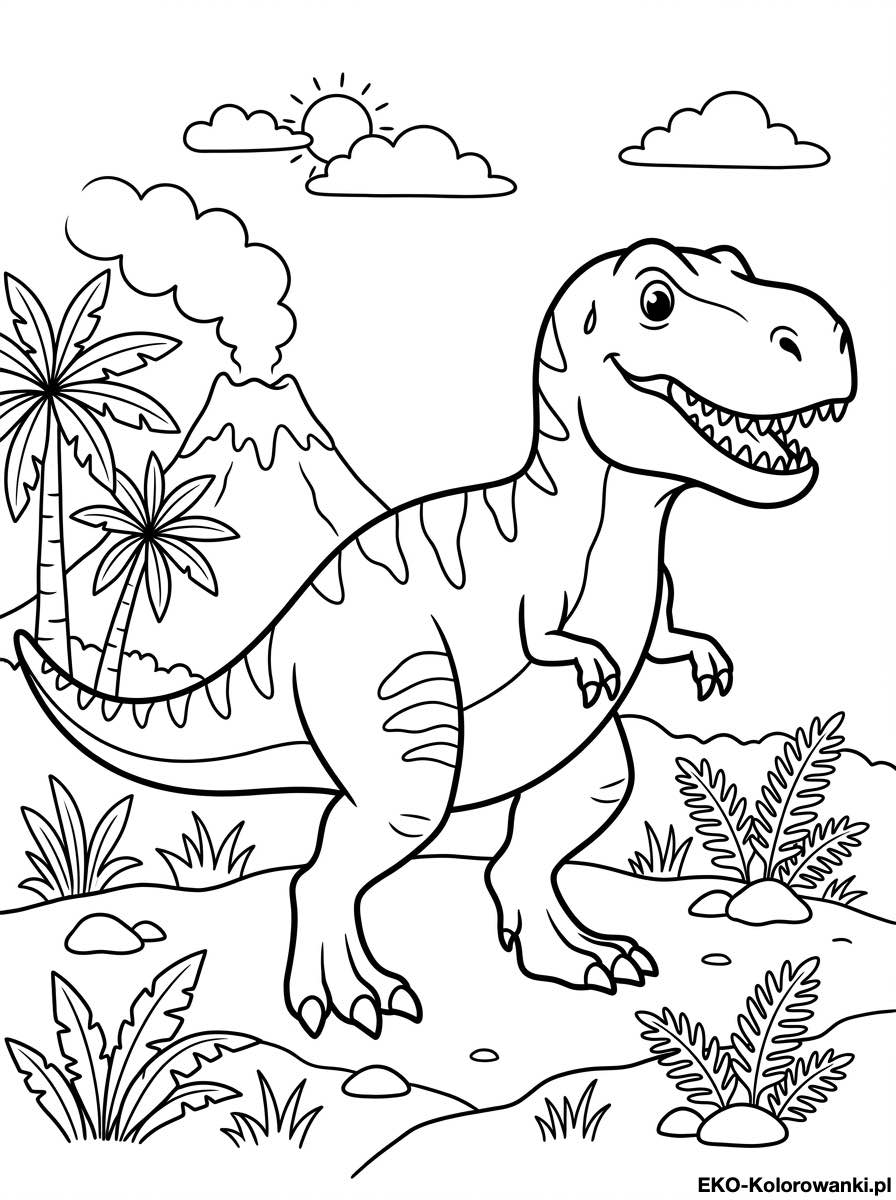 Kolorowanka - Tyranozaur pod sloncem w wulkanicznej dolinie