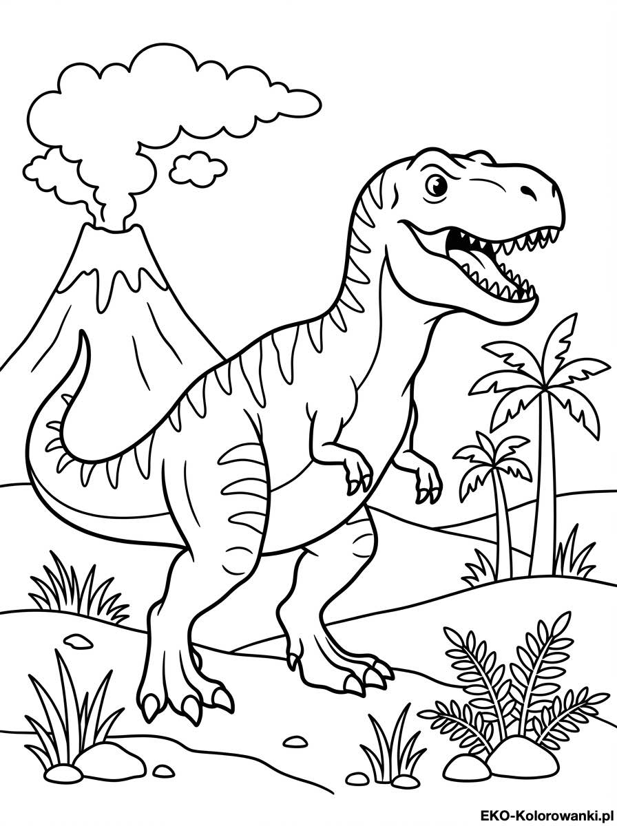 Kolorowanka - Tyranozaur pokazujacy zeby obok palmy