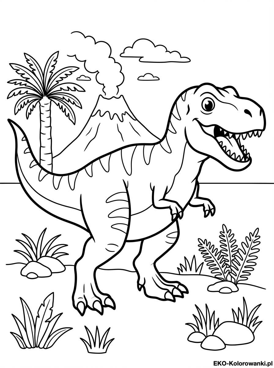 Kolorowanka - Tyranozaur przy palmie i dymiacym wulkanie