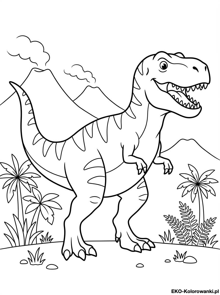 Kolorowanka - Tyranozaur wsrod palm i wulkanicznych szczytow