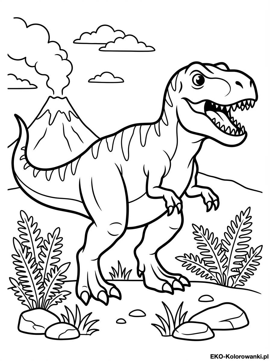 Kolorowanka - Tyranozaur wsrod paproci przed gorami