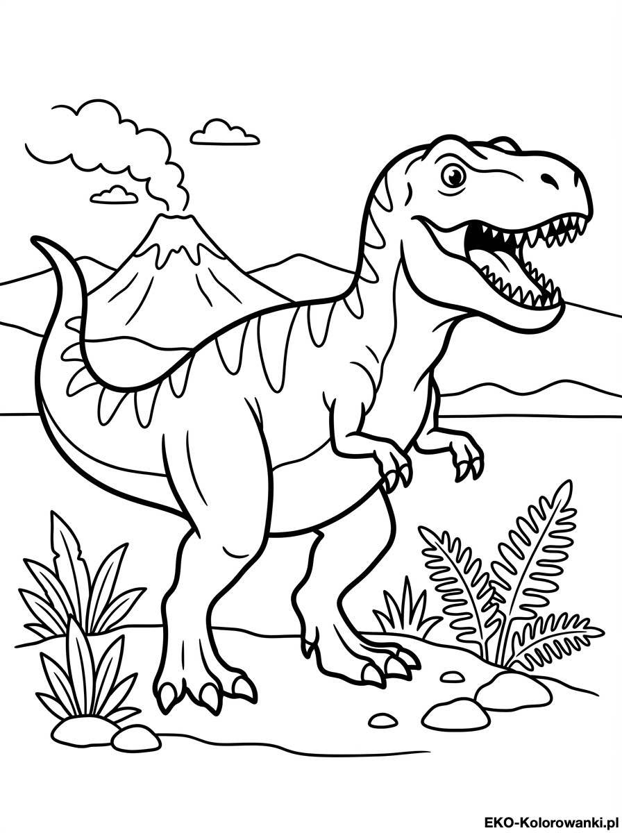 Kolorowanka - Tyranozaur wsrod skal i paproci