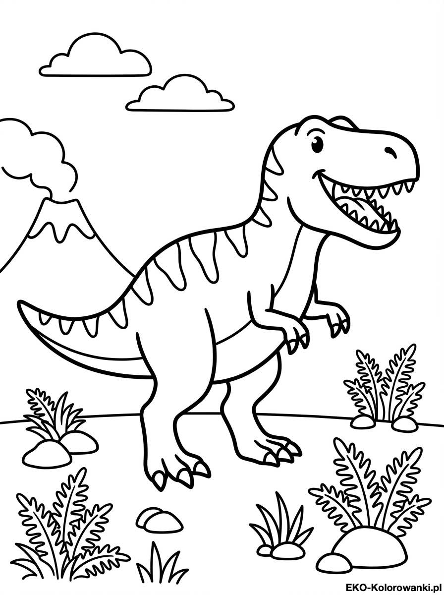 Kolorowanka - Tyranozaur z otwarta paszcza przed wulkanem