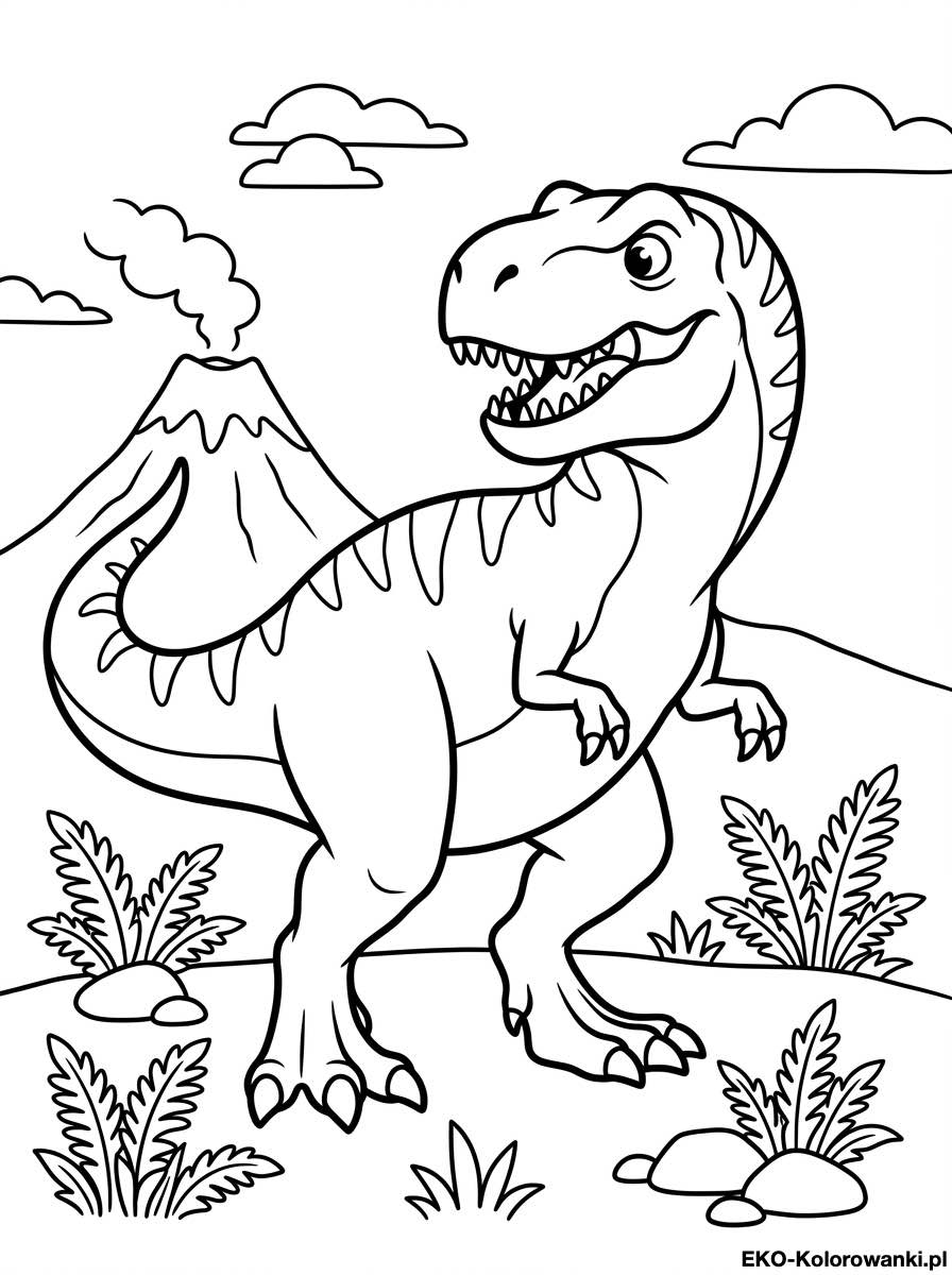 Kolorowanka - Tyranozaur z wielkimi zebami wsrod paproci