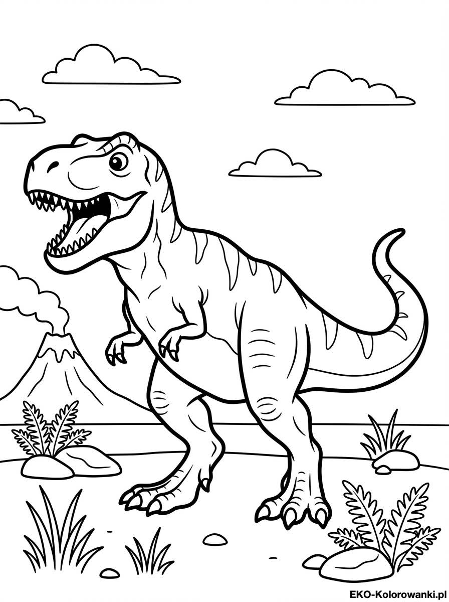 Kolorowanka - Tyranozaur z zadartym ogonem na pustkowiu