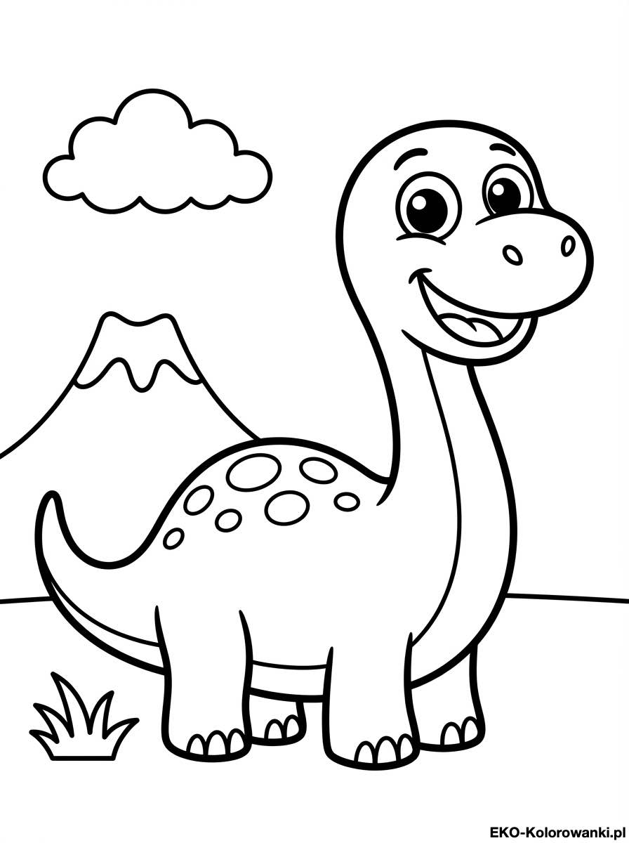 Kolorowanka - Usmiechniety dlugoszyi dinozaur przy wulkanie