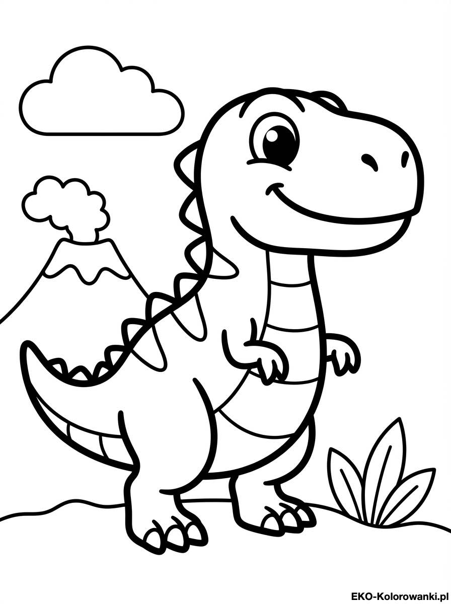 Kolorowanka - Usmiechniety maly tyranozaur obok roslin