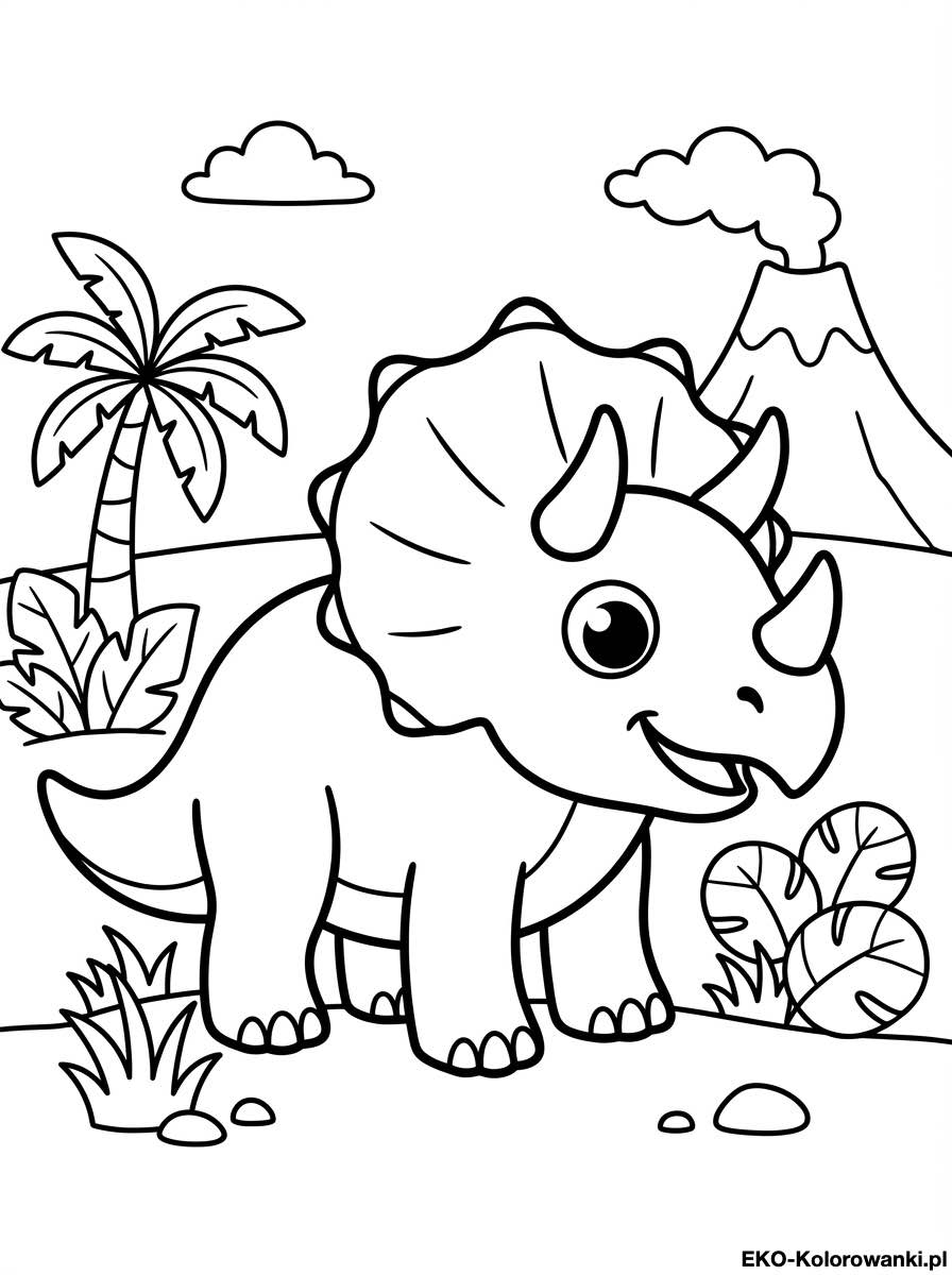 Kolorowanka - Usmiechniety triceratops w tropikalnej dolinie