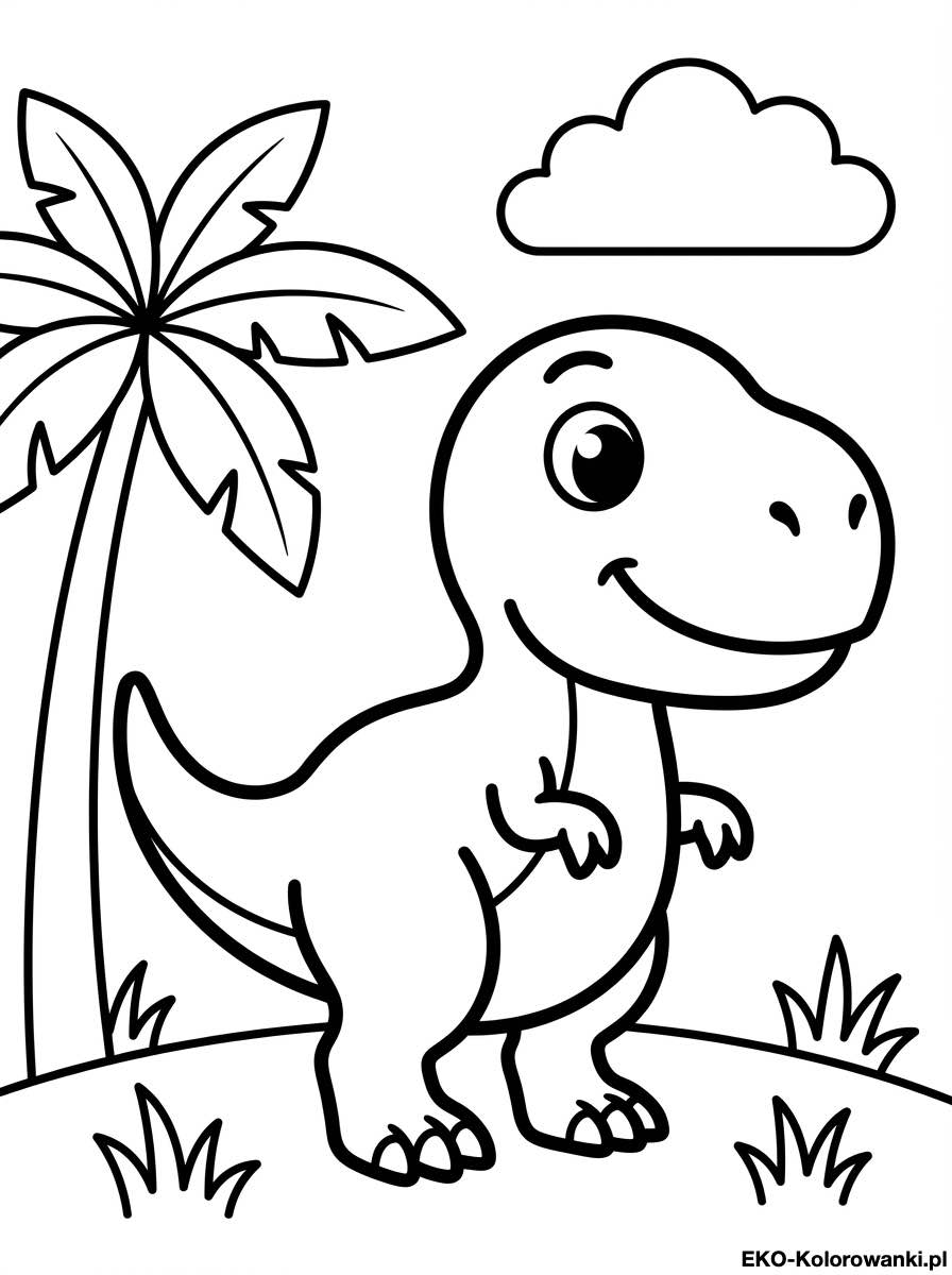 Kolorowanka - Usmiechniety tyranozaur przy duzej palmie