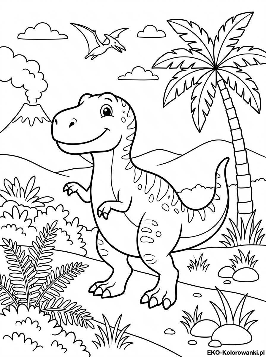 Kolorowanka - Wesoly dinozaur na dwoch nogach pod palma