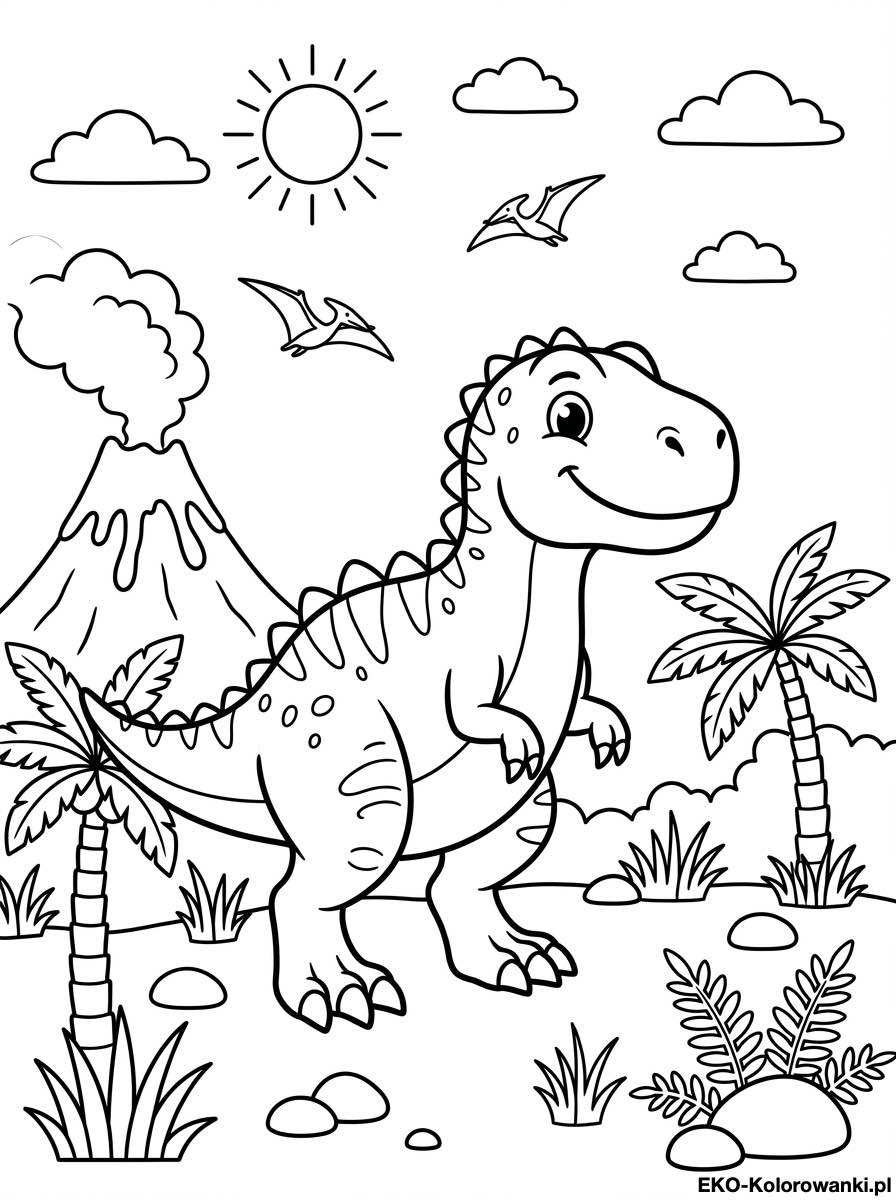 Kolorowanka - Wesoly dinozaur przy dwoch wulkanach