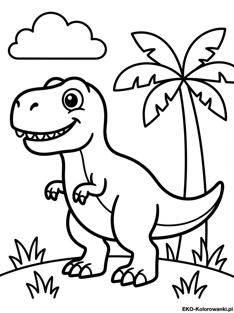 Kolorowanka - Wesoly dinozaur z zabkami przy palmie