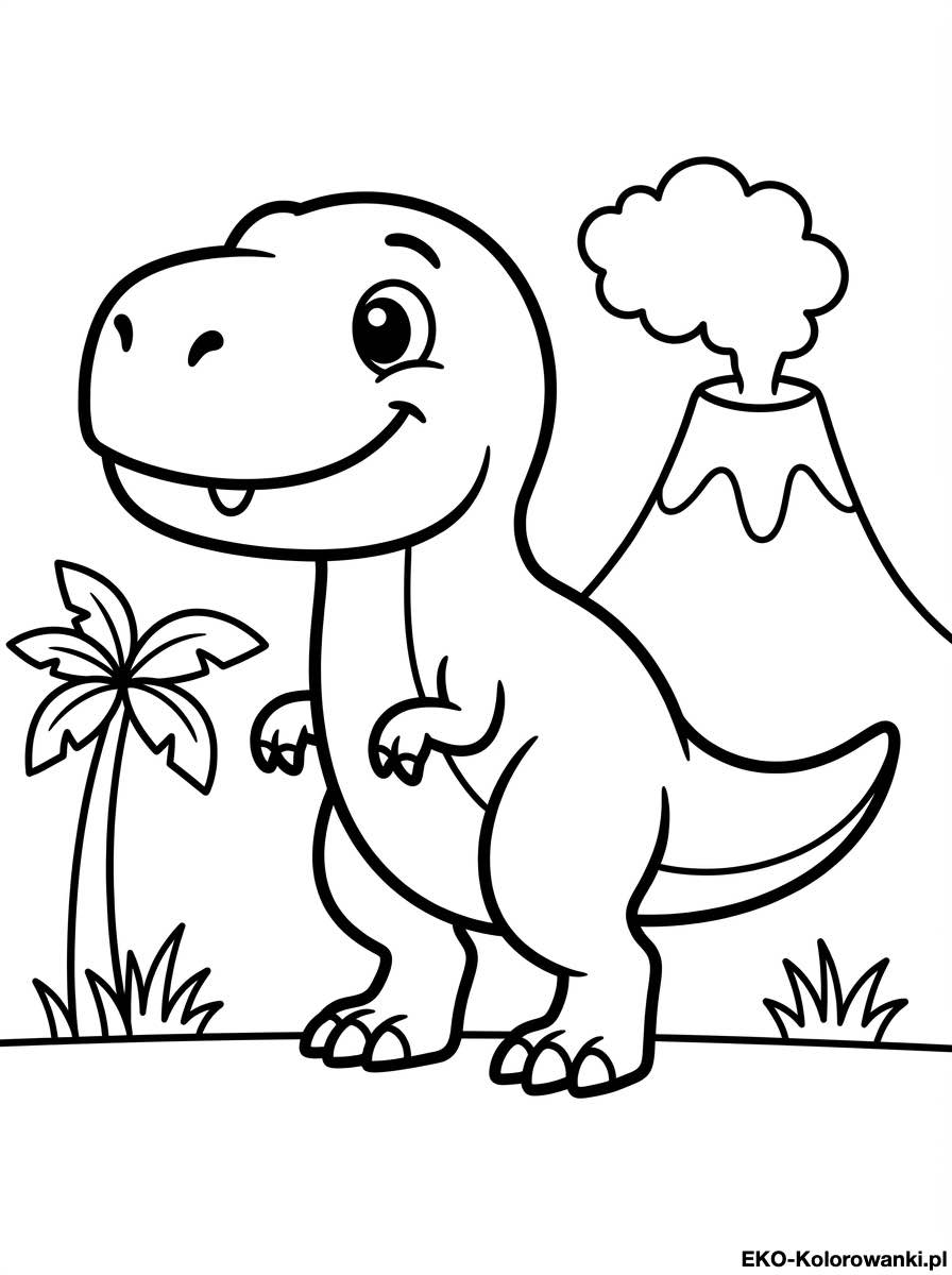 Kolorowanka - Wesoly maly tyranozaur przy palmie i wulkanie