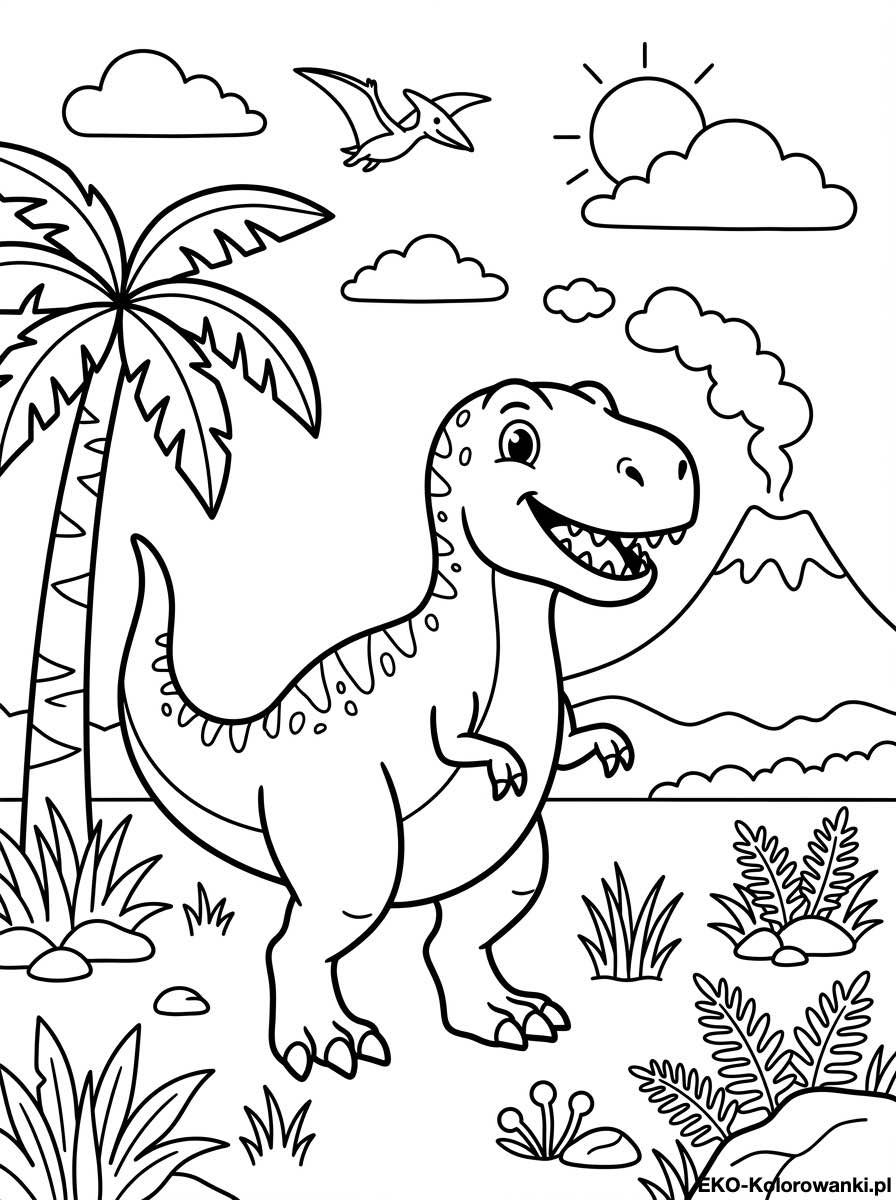 Kolorowanka - Wesoly tyranozaur pod palma i wulkanem