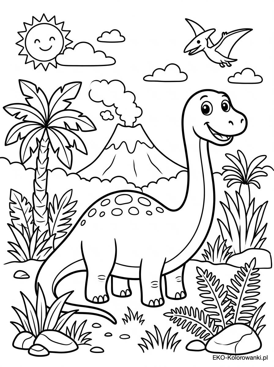 Dlugoszyi dinozaur i pterozaur w prehistorii kolorowanka