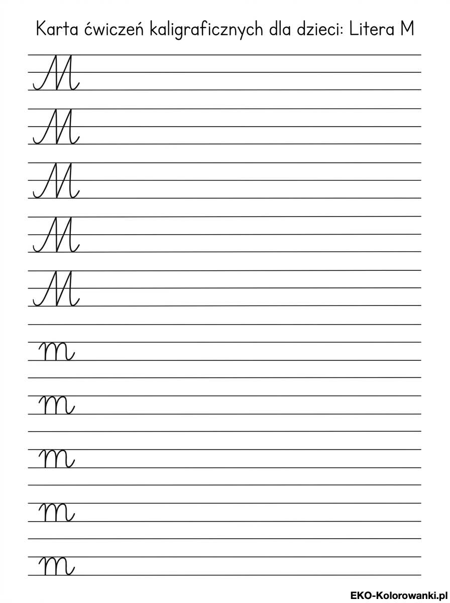 Kolorowanka - Litera m karta cwiczen kaligraficznych