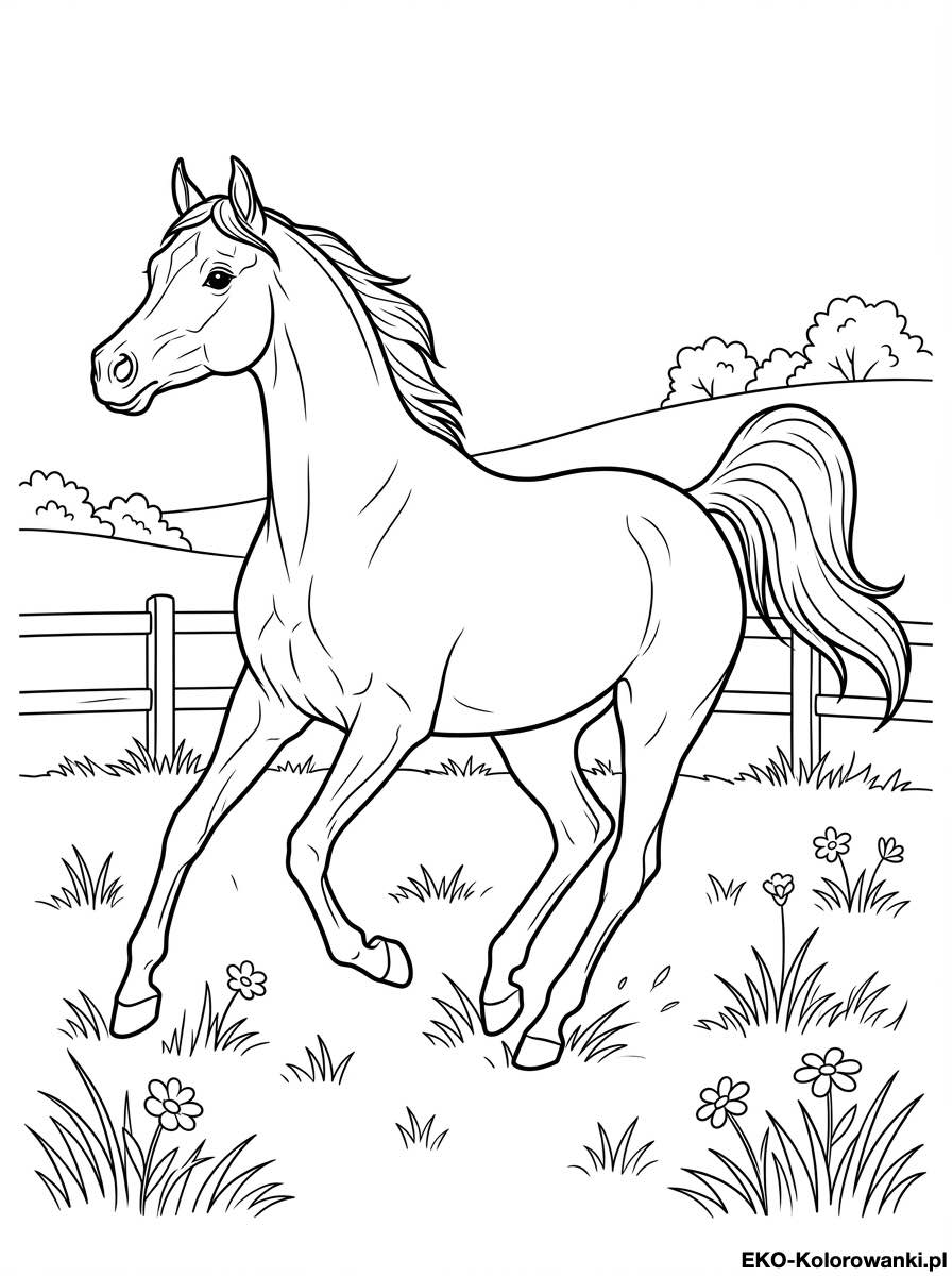 Kolorowanka - Kon arabski galopuje wsrod kwiatow przy ogrodzeniu