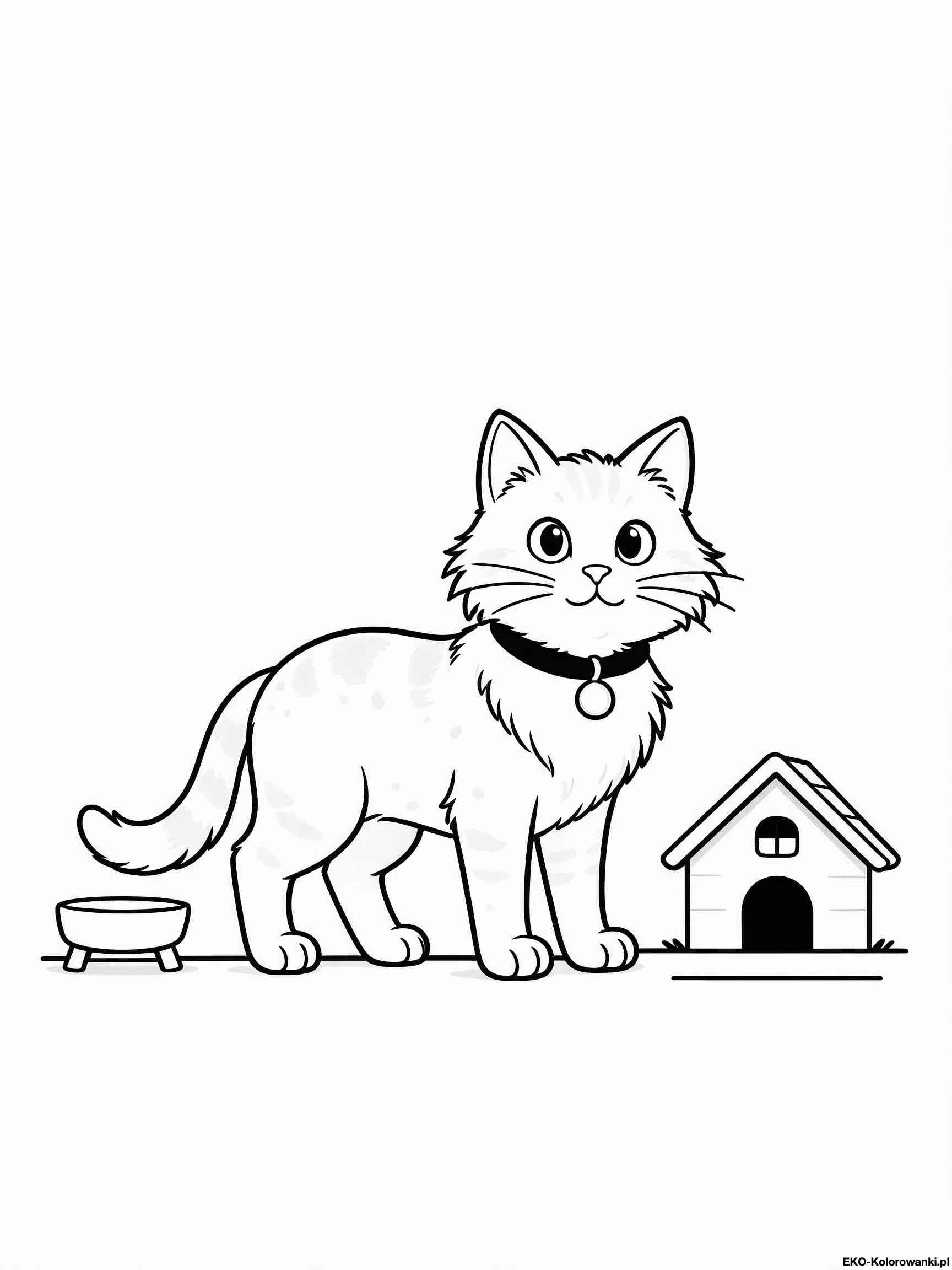 Kolorowanka - Maly puszysty kot przy budce i misce