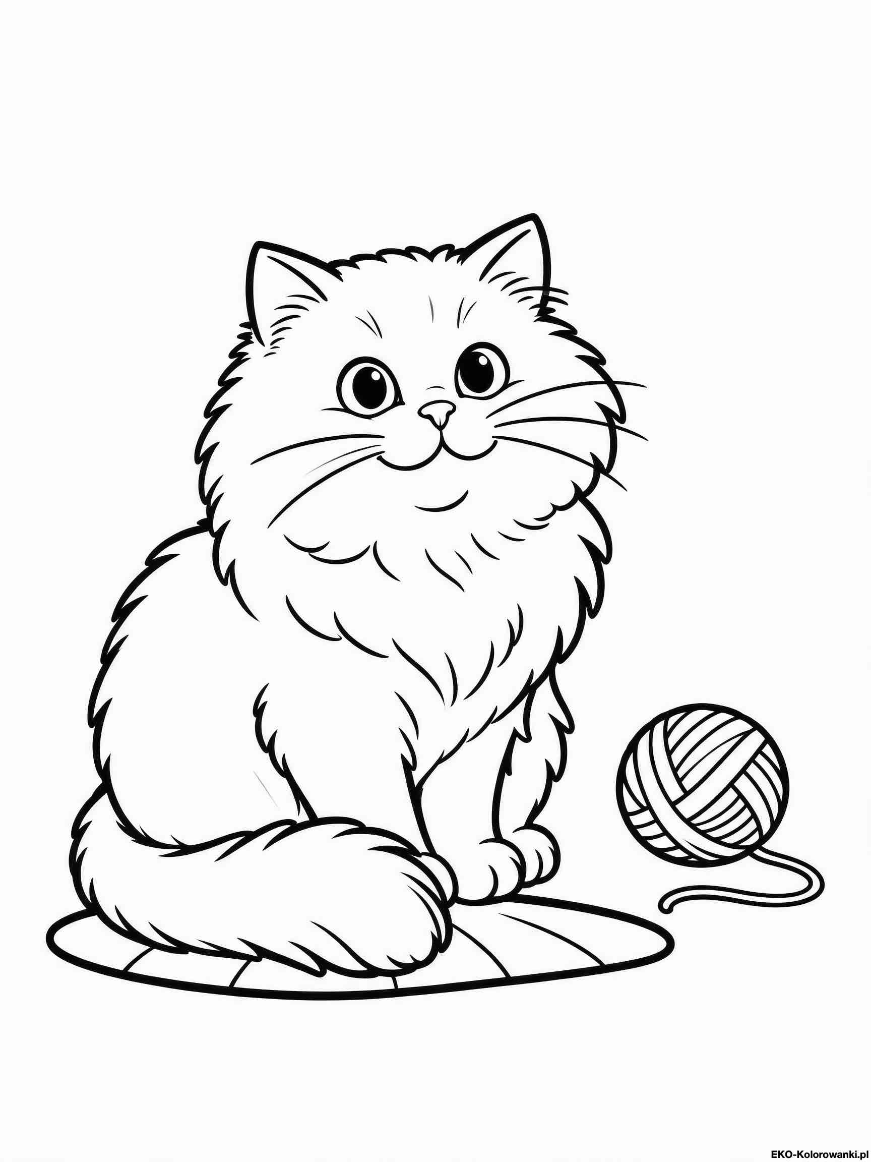 Kolorowanka - Puszysty kot na macie przy klebku wloczki