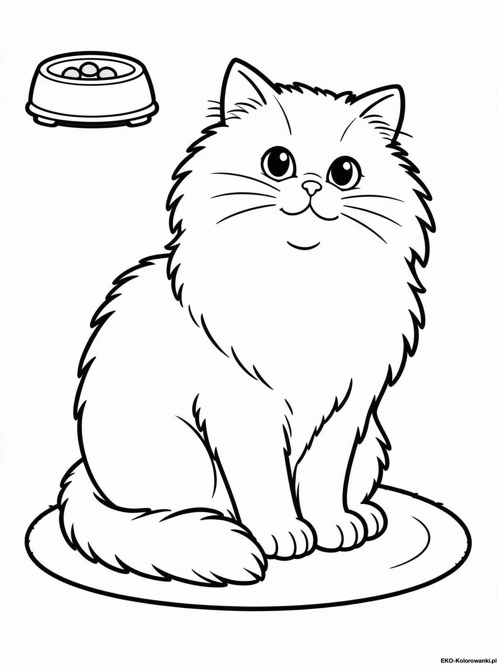 Kolorowanka - Puszysty kot z miska karmy na okraglej macie