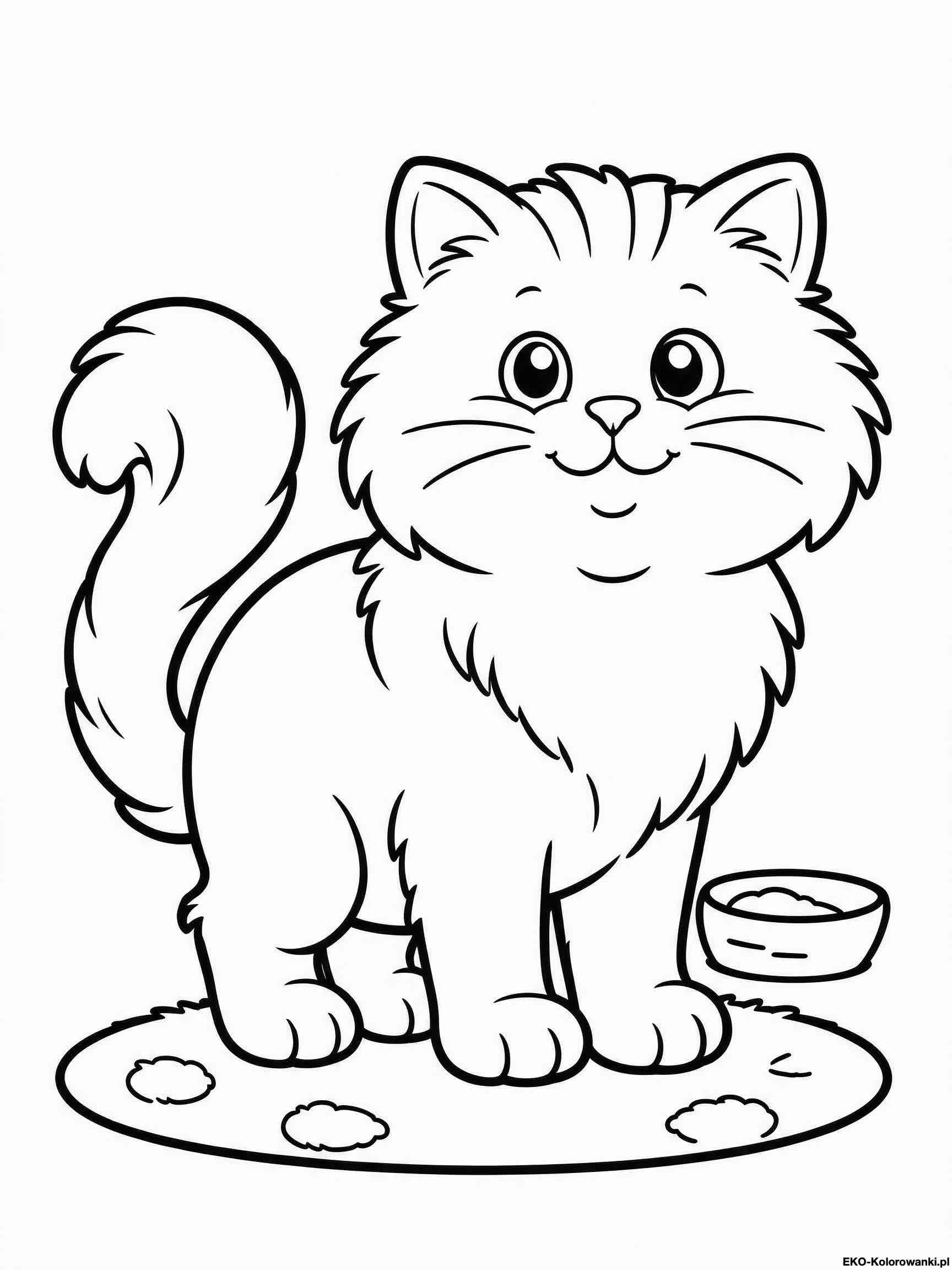 Kolorowanka - Puszysty kotek na macie obok miski